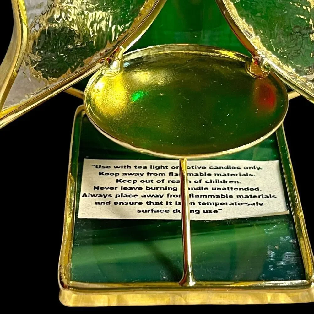VTG Stained Glass Green & Gold Tone Metal Angel Tealight Votive Candle Holder